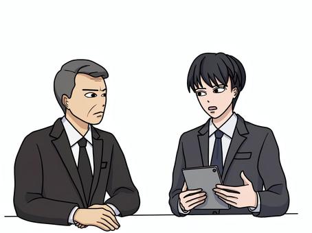 タブレットで説明する部下と聞く上司 タブレット,資料,報告,スーツ,男性,部下,上司,課長,係長,ビジネスのイラスト素材