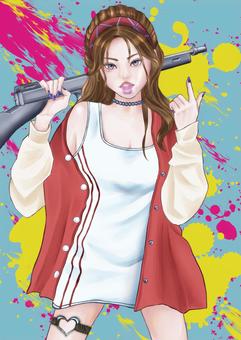 女性イラスト 女性,人物,銃,茶髪,カラフルのイラスト素材