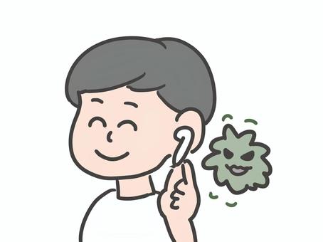 イヤホンと耳カビ イヤホン,ワイヤレス,カビ,耳,音楽,かわいい,背景透過,透過,フリー,イラストのイラスト素材