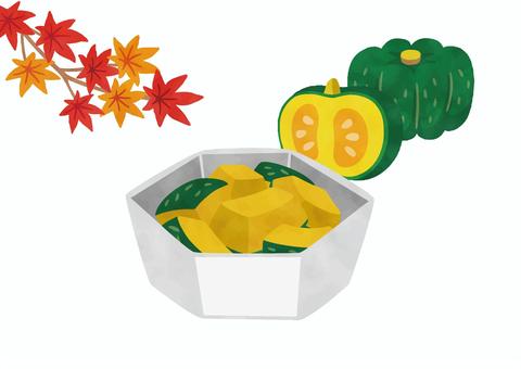 秋の味覚　かぼちゃ　水彩 秋,紅葉,かぼちゃ,ガボチャの煮物,秋の味覚,冬至,料理,煮物,手描き,水彩のイラスト素材