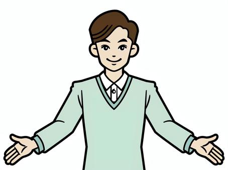 両手を広げる若い私服の男性 人物,男性,カジュアル,ようこそ,両手,ワンポイント,おすすめ,オススメ,説明,プレゼンテーションのイラスト素材