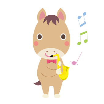 アルトサックスを吹く午年の馬 午,馬,サックス,午年,木管楽器,アルトサックス,音符,サクソフォン,音楽,楽器のイラスト素材