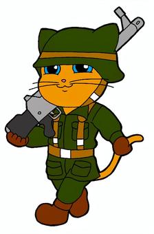 兵隊　ネコ　イラスト 動物,猫,兵隊,緑色,軍服,ヘルメット,茶色,くつ,手袋,背景のイラスト素材