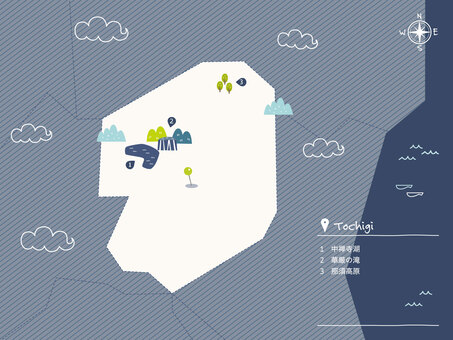 景勝地入り白抜き日本地図-09【栃木】 地図,栃木,景勝地,山,海,湖,雲,魚,白抜き,コンパスのイラスト素材