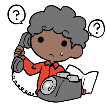 わからず黒電話をかけるアフロ男性 アフロ,黒電話,わからない,通話,話,家電,ダイヤル式,疑問,困る,汗のイラスト素材