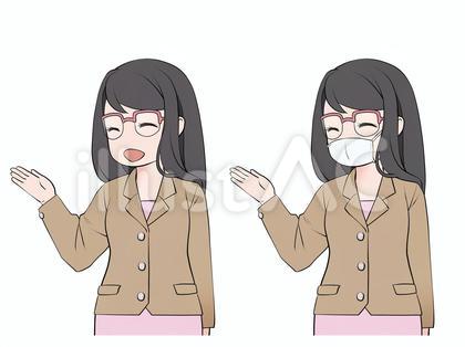 説明する、案内する、紹介する眼鏡の女性