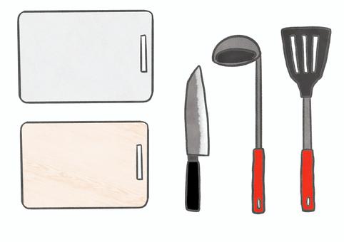 Cooking Utensils, JPG and PNG Cooking Utensils, cutting board, kitchen knife, ladle, JPG and PNG