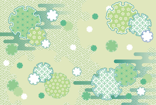 雪輪柄に伝統紋様をあしらった背景グリーン 背景,和風,和柄,雪輪,紗綾形,グリーン,七宝,麻の葉,桜,かすみのイラスト素材