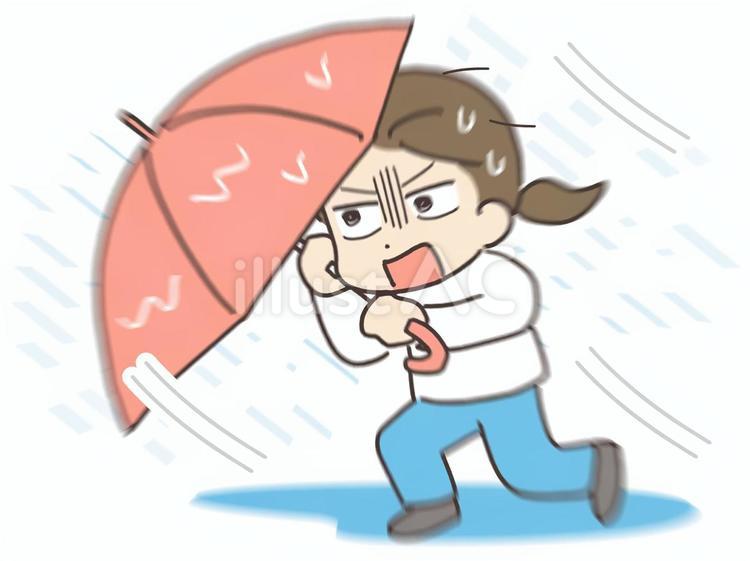 豪雨＆強風の中で必死に傘をさす女性 台風,ゲリラ豪雨,雨のイラスト素材