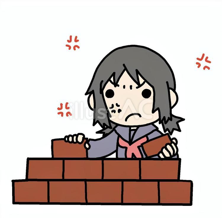 怒ってレンガを積む少女 少女,レンガ,怒るのイラスト素材