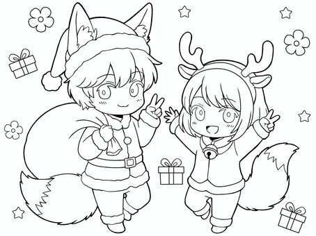 クリスマスのコスプレをした2人 人物,塗り絵,ぬり絵,線画,白黒,手書き,ぬりえ,全身,男の子,女の子のイラスト素材