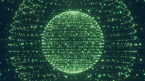 緑の光の粒が球状に集まる幻想的な背景 背景,光,ネオン,エフェクト,壁紙,粒,ドット,円,サークル,球のイラスト素材