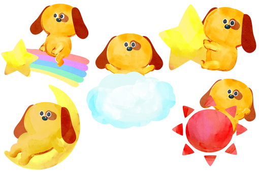 水彩画_いろんなマークと動物_03 犬,動物,手描き,水彩画,水彩,水彩風,水彩画風,あしらい,太陽,月のイラスト素材