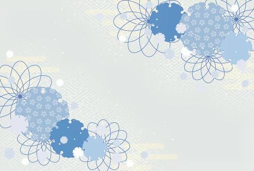 和柄雪輪に花をあしらったハガキサイズ横 背景,和風,和柄,雪輪,紗綾形,花,ブルー,桜,かすみ,年賀状のイラスト素材