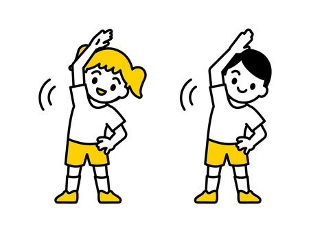 準備体操・ラジオ体操をする子ども02 人物,子ども,女の子,男の子,体操着,保育園,幼稚園,こども園,福祉施設,小学校のイラスト素材