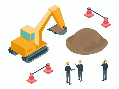 アイソメトリック_シャベルカーと作業員 アイソメトリック_シャベルカーと作業員 アイソメトリック,立体,アイソメ,斜め上,シャベルカー,作業員,人物,カラーコーン,現場,工事のイラスト素材