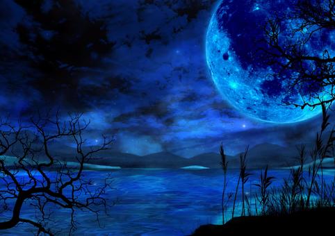 海に浮かぶ満月の不気味な風景 月,満月,星空,海,星,夜空,不気味,怖い,波,光のイラスト素材