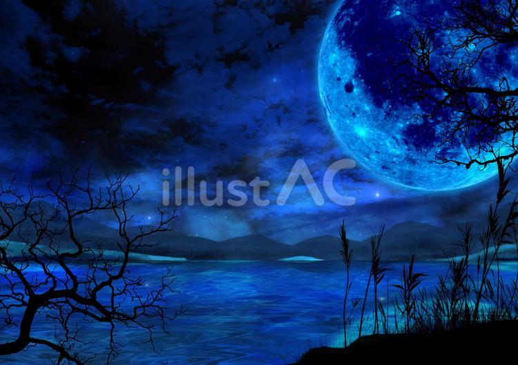 海に浮かぶ満月の不気味な風景 月,満月,星空のイラスト素材