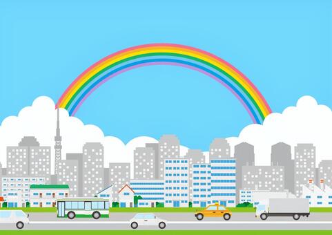 虹の架かる街と都市の風景素材 街,都市,家,ビル,オフィス,工場,道路,自動車,トラック,バスのイラスト素材