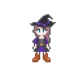 ドット絵の魔女コスプレをした女の子 紫 ドット絵,ピクセル,ピクセルアート,魔女,魔法,帽子,ワンピース,ドレス,ブーツ,紫のイラスト素材