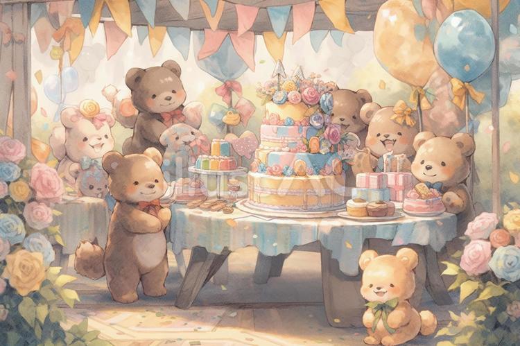 ぬいぐるみのパーティー会場 クマ,ぬいぐるみ,動物のイラスト素材