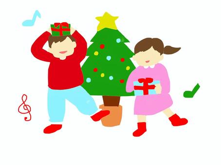 クリスマスプレゼントにノリノリ クリスマス,プレゼント,プレゼント交換,クリスマスツリー,兄,妹,男の子,女の子,小躍りのイラスト素材