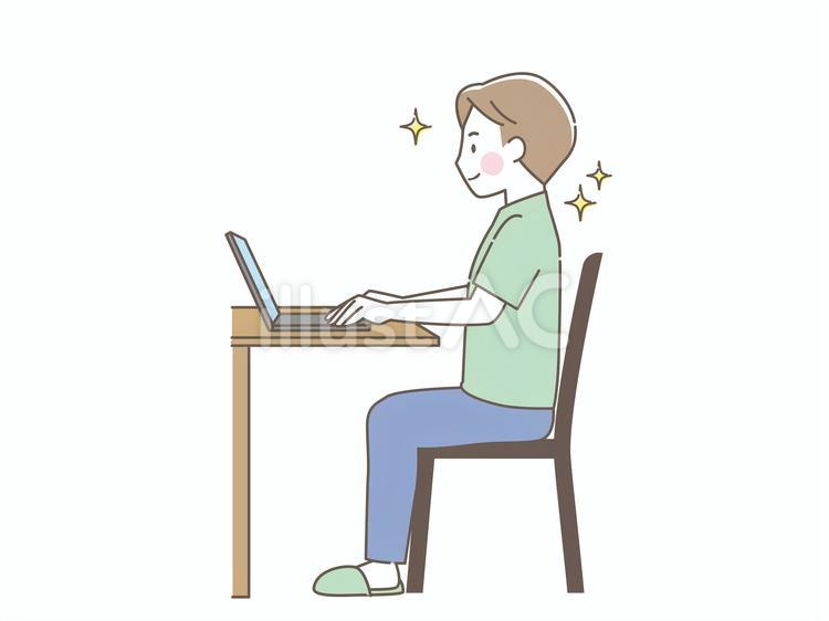 椅子に座りPC仕事をする横向きの男性 男性,横向き,パソコンのイラスト素材