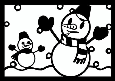 雪だるまの親子の切り絵 雪だるま,親子,冬,雪,冬休み,切り絵,和風,寒いのイラスト素材