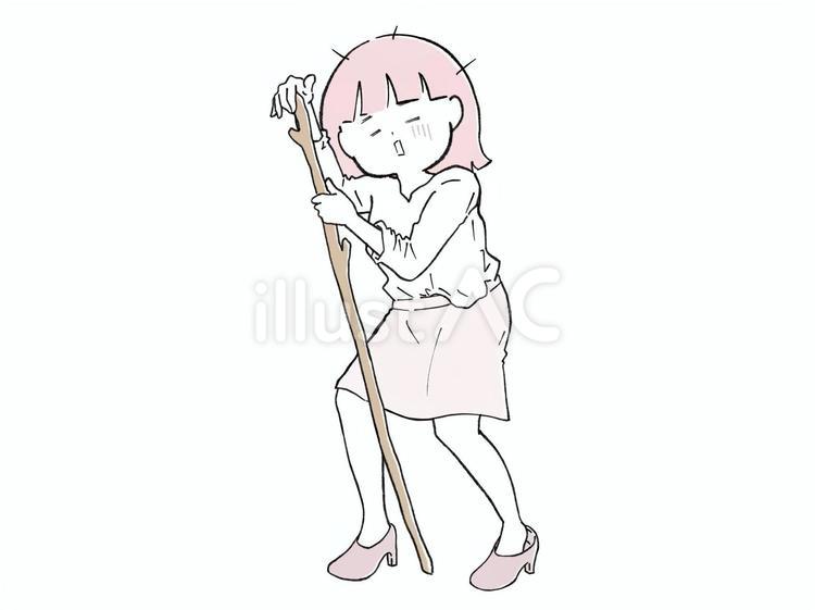 棒がないと立ってられない女（ピンク） 不調,疲労,人物のイラスト素材