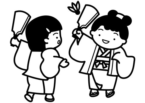 羽根つき-1c 羽根つき,正月,遊び,羽子板,羽根,着物,羽織,草履,足袋,帯のイラスト素材