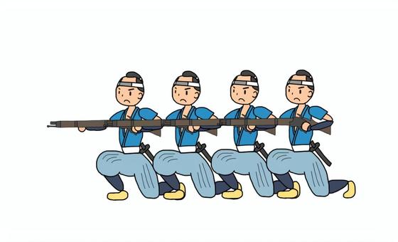 射撃をする旧幕府軍小隊 藩士,武士,侍,旧幕府軍,徳川幕府,江戸幕府,奥羽越列藩同盟,会津藩,庄内藩,明治維新のイラスト素材