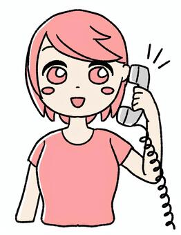 桃色の女の子が電話している ピンク,かわいい,手描き,ピンク髪,女の子,電話,通話,電話対応,コールセンター,オペレーターのイラスト素材