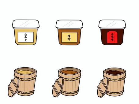色々な種類の味噌セット 味噌,白味噌,淡色味噌,赤味噌,赤だし,樽,調味料,シンプル,手描き,手書きのイラスト素材