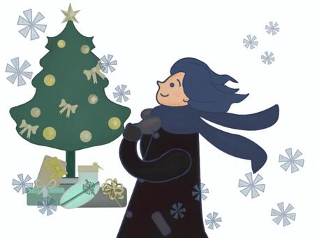 クリスマスの街を歩く女性7 女性,コート,髪の毛,風,冬,ファッション,マフラー,手袋,ブラック,シンプルのイラスト素材