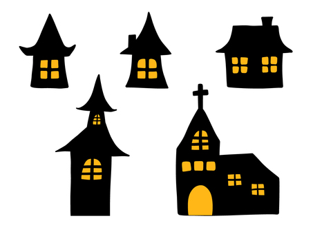手描きのハロウィンの家・建物のシルエット ハロウィン,秋,家,教会,屋敷,窓,建物,シルエット,十字架,煙突のイラスト素材