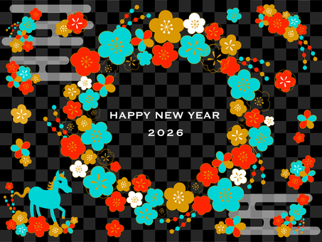 シックなお正月和柄リース　午年水色 正月,元旦,新年のイラスト素材