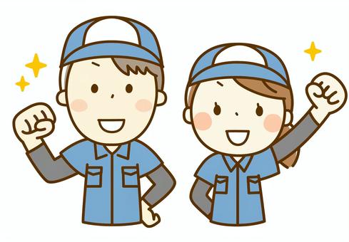 ガッツポーズの作業員の男性と女性 作業員,ガッツ,気合,ファイト,応援,やる気,拳,グー,笑顔,頑張るのイラスト素材