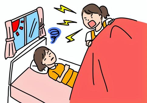 起きれない女児と起こす母親　カラー 女児,親子,朝,低血圧,ベッド,母親,目覚まし,カラーのイラスト素材