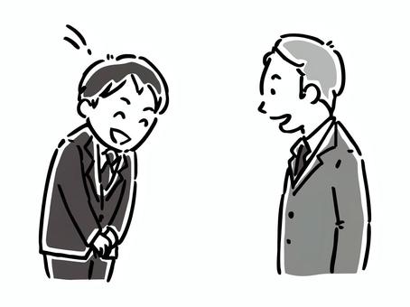 上司に笑顔で挨拶をする新人サラリーマン君 挨拶,笑顔,おじぎ,仕事,サラリーマン,ビジネスマン,働く,会話,人物,男性のイラスト素材