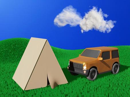 山キャンプのテントと車と青空と雲の背景 キャンプ,夏,テント,キャンプ場,背景,車,イラスト,アウトドア,おしゃれ,グランピングのイラスト素材