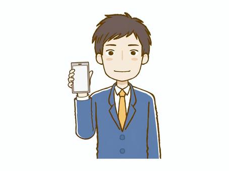 スマホ画面を見せているスーツの男（上半身 男,スーツ,携帯,電話,スマートフォン,デジタル,スマホ,画面,見せる,情報のイラスト素材