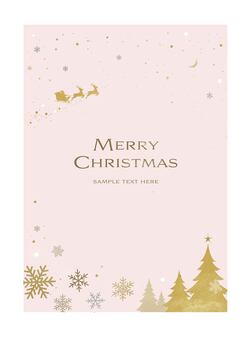 クリスマス_縦_ゴールド&ピンク クリスマス,フレーム,枠,サンタクロース,そり,モミの木,シンプル,かわいい,きれい,ロマンチックのイラスト素材