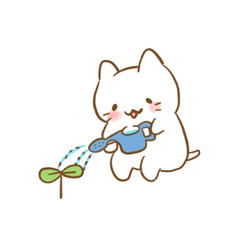 植物の芽に水やりをするゆるい猫のイラスト 水やり,育てる,猫,園芸,植物,芽,二葉,ジョウロ,水,潤いのイラスト素材
