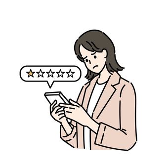 レビューに低評価をつける女性 女性,星,評価,上半身,最低点,低評価,しかめっ面,不満,スマホ,レーティングのイラスト素材