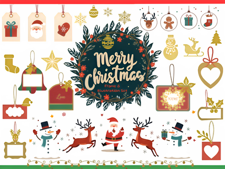 クリスマスミニイラストセット cf002 クリスマス,フレーム,枠,サンタ,サンタクロース,見出し,イラスト,トナカイ,クリスマスツリー,リースのイラスト素材