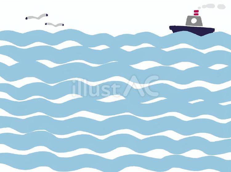 海と船 かわいい,背景,手描きのイラスト素材