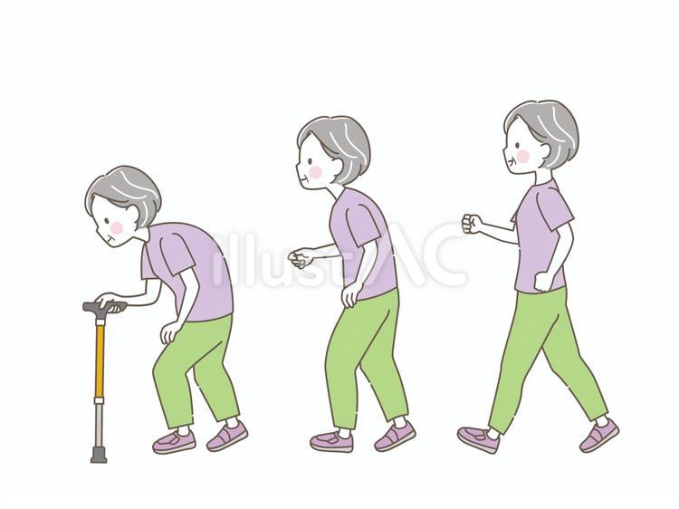 シニア女性の歩き方の姿勢の比較 シニア,杖,歩くのイラスト素材
