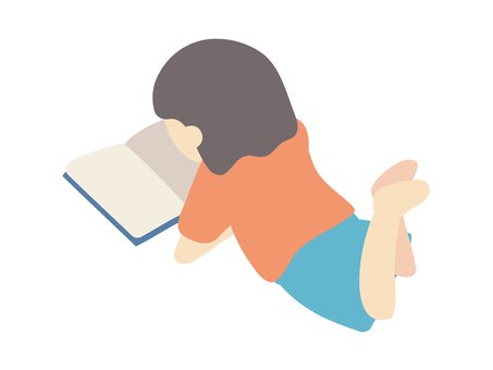 転がって本を読む子供の後ろ姿 読書,子ども,後姿,背中,本,転がる,はだし,リラックス,全身のイラスト素材