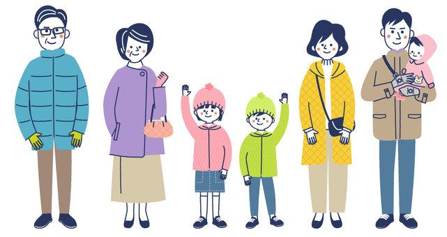 三世代家族　冬服 家族,冬服,三世代,防寒,コート,ジャケット,笑顔,おじいさん,おばあさん,お父さんのイラスト素材
