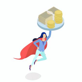 お金を持ち上げるスーパーウーマン スーパーウーマン,キャリアウーマン,アイソメトリック,お金,札束,ワーキングマザー,営業利益,ヒーロー,コイン,給与のイラスト素材